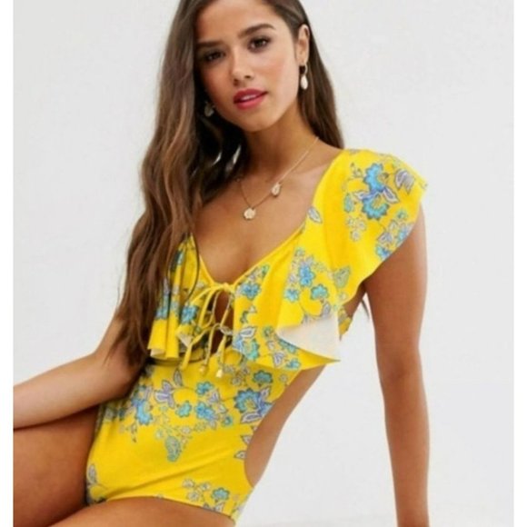 Sam Edelman Cut Out Yellow Ruffle Blue Floral One Piece Women's Swimsuit Size XS - Picture 6 of 10